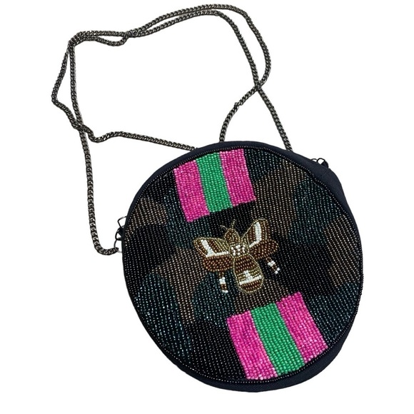 Shirdee Cotton Beaded Camo Bee Circle Bag With Metal Crossbody Strap - Picture 2 of 7